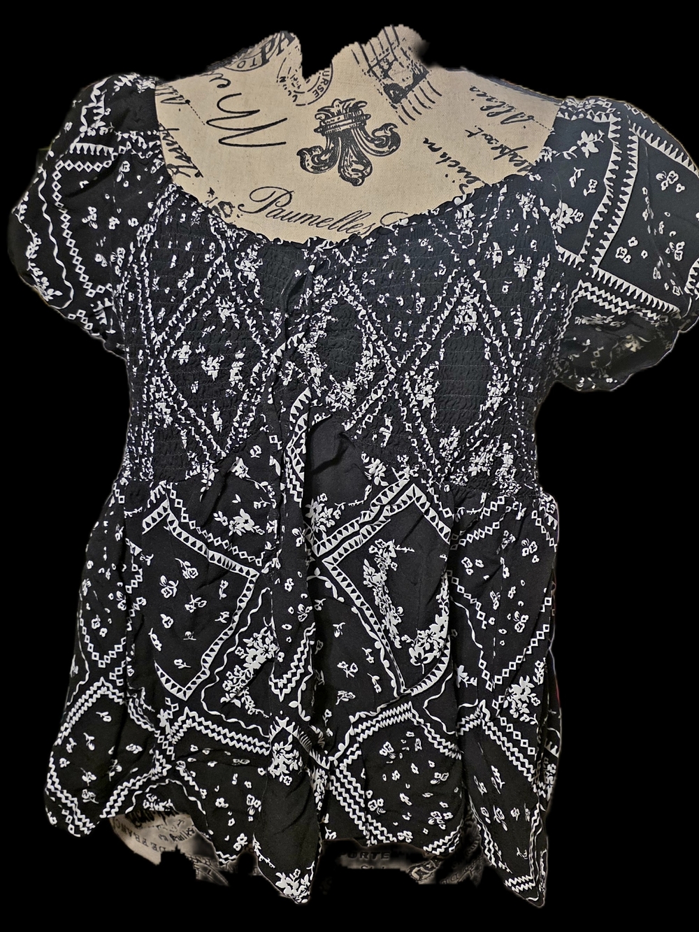 Black and White Smocked Peasant Top - Women's